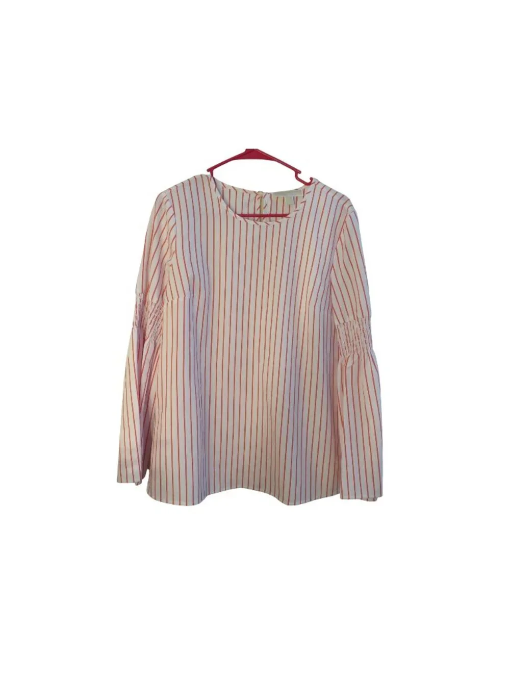 Michael Kors Womens Red & White Striped Long Sleeve Top With Shirred Cuffs Size
